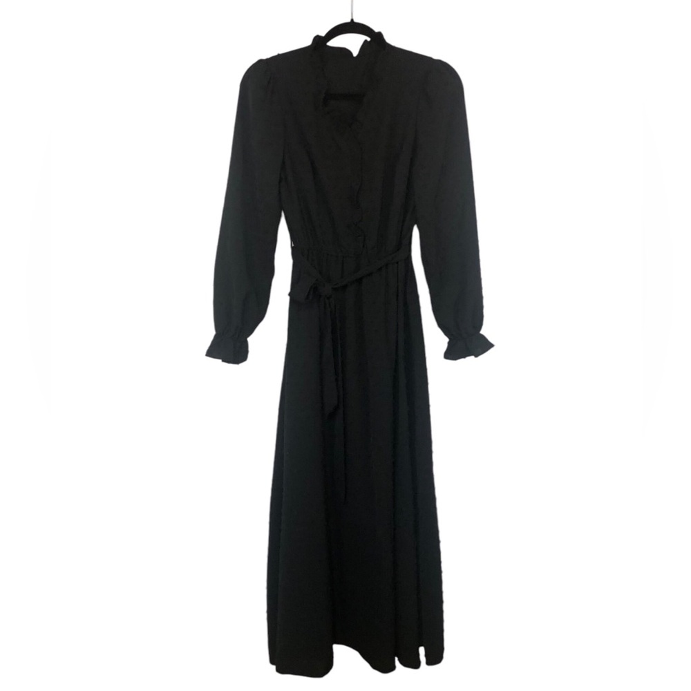 Shein Maxi Dress Dotted Swiss Black on Black Elastic Waist Tie Belt Pull Over